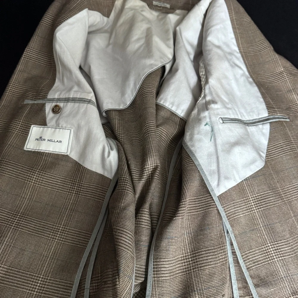 Peter Millar Sport Coat Mens Medium Brown Blue Glen Plaid Wool Silk Linen